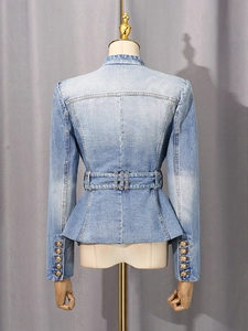 Slim fit light blue denim jacket with gold buttons and peplum hem back view for women