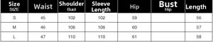 Tableau des tailles pour t-shirt noir à manches longues avec épaulettes, mesures S, M, L