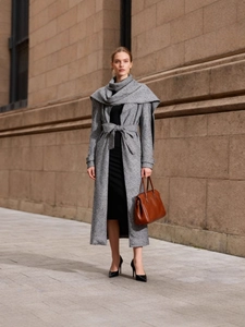 French retro grey tweed coat with integrated shawl design and belted waistline