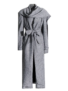 French vintage grey tweed long coat with shawl collar and waist tie for women