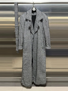 French vintage tweed coat in grey mix with fringe details and belted waist design