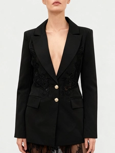 Elegant black mid-length blazer with lace embroidery and gold buttons for women