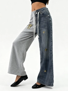 Women's high-waisted wide-leg patchwork pants in blue denim and grey knit fabric
