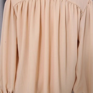 Detailed close-up of the pleated neckline and soft chiffon fabric of the beige blouse