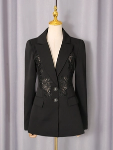Slim fit black blazer with elegant lace floral applique and vintage gold buttons