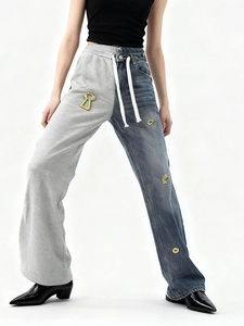 Street style patchwork wide leg trousers with grey knit and blue denim contrast