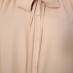 Detail view of beige chiffon shirt showing the delicate buttons and pleated fabric texture