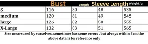 Detailed sizing chart for women's long cardigan showing bust, length, and sleeve measurements