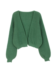 Women's emerald green short cardigan with V-neckline and ribbed knit texture