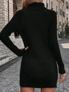 Elegant women's black ribbed knit turtleneck slim fit long sleeve mini dress