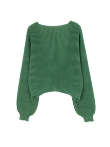 Dark green chunky knit cardigan featuring balloon sleeves and vertical ribbed texture
