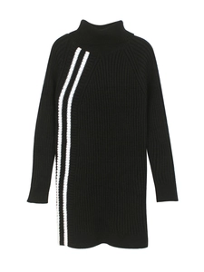 Slim fit black turtleneck knit dress with sporty white stripes and ribbed texture