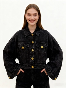 Women Vintage Washed Grey Denim Jacket Cropped Oversized Lantern Sleeve Lapel Coat With Gold Lion Buttons Spring Casual Jean Outwear