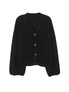 Classic black V-neck knit cardigan with long sleeves and buttons on white background
