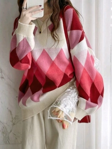 Women's Casual Argyle Knit Sweater V-Neck Long Sleeve Pullover Color Block Geometric Autumn Winter Jumper Soft Knitwear Tops