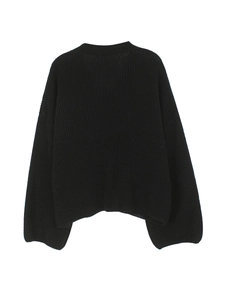 Women's black ribbed knit long sleeve sweater with round neck on white background