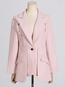 Pink slim-fit blazer with unique hollowed neckline and single-button design for women