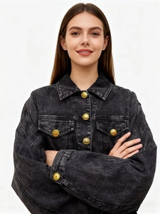 Dark grey washed denim jacket with vintage gold lion-head buttons and flap pockets