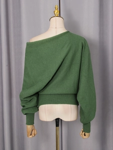 Green off-the-shoulder knit sweater with batwing sleeves and ribbed cuffs for women