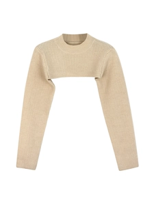 Women's beige ribbed knit cropped long sleeve bolero shrug with round neck