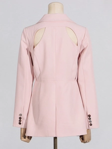 Pink women blazer with stylish back cutout design and classic notched lapels on mannequin