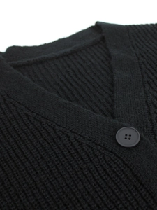 Chic black knitted cardigan with V-neck and rib pattern texture for autumn wear