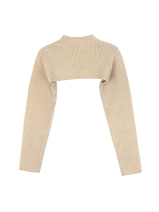 Beige knitted turtleneck long sleeve shrug crop top sweater with textured details