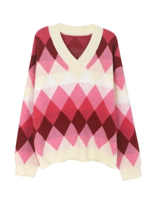 Women's V-neck argyle knit sweater in dark red and pink patterns for autumn