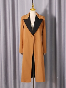 Women's two-tone long blazer jacket in camel and black with slim fit and single button