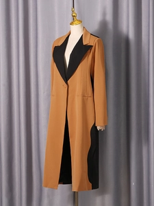 Women's two-tone longline blazer featuring camel fabric and black contrast lapels