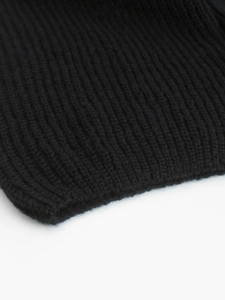 Close-up of black ribbed knit fabric showing detailed thick weave texture for winter wear