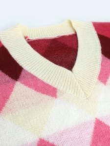 Women's V-neck knit sweater with red and pink geometric argyle pattern in soft mohair style