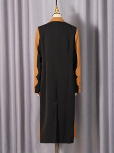 Women's two-tone longline blazer jacket with black and khaki patchwork for office wear