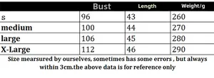 Size chart for crew neck striped knit sweater showing bust, length and weight measurements