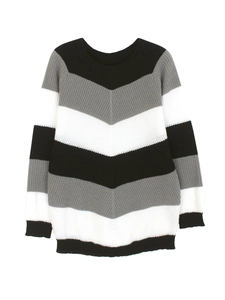 Minimalist crewneck long sleeve knit sweater with black, white, and grey V-shape stripes