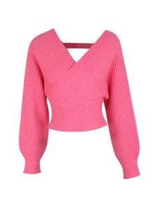 Pink V-neck cross wrap long sleeve rib-knit sweater with slim fit design