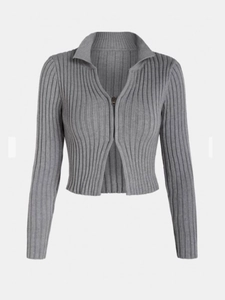 Short slim fit grey ribbed knit cardigan with zipper closure and lapel collar for women