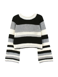Cropped crewneck striped knit sweater featuring wide flare sleeves and hollow-out mesh texture