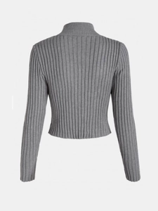 Back view of a grey slim-fit cropped knit cardigan with high collar and ribbed texture