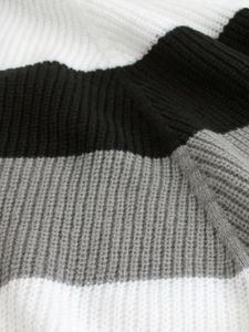 Close-up of thick knit striped texture featuring black, grey and white ribbed pattern