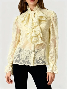 Blouse en Dentelle Élégante pour Femmes Volants Col Montant Chemise à Manches Longues Broderie Florale Style Palais avec Boutons de Künstliche Perles