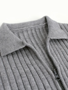 Minimalist grey ribbed knit zip-up polo cardigan with a sleek textured collar design
