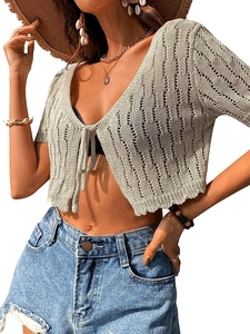 Gilet court en maille ajourée pour femme avec lien frontal, idéal pour la plage en été