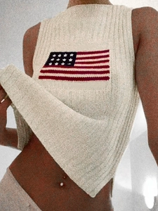 Women's American flag knitted sweater vest in oatmeal white with halter design
