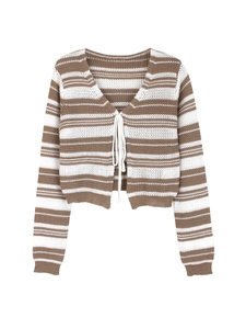 Cardigan corto da donna a righe marroni e bianche con scollo a V e laccetto anteriore