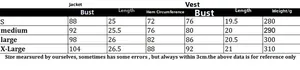 Size chart for women's two-piece knit jacket and vest set with measurements from S to XL