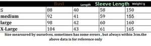 Size chart for V-neck long sleeve cropped cardigan with bust and length measurements