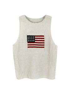 Slim fit cream knit tank top featuring a patriotic American flag pattern on the chest