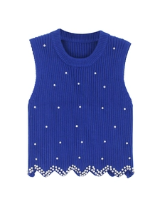 Royal blue knit vest with pearl and rhinestone embellishments and wavy scalloped hem