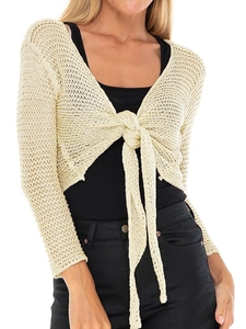 Beige crochet knit tie-front bolero shrug with long sleeves and elegant V-neck design